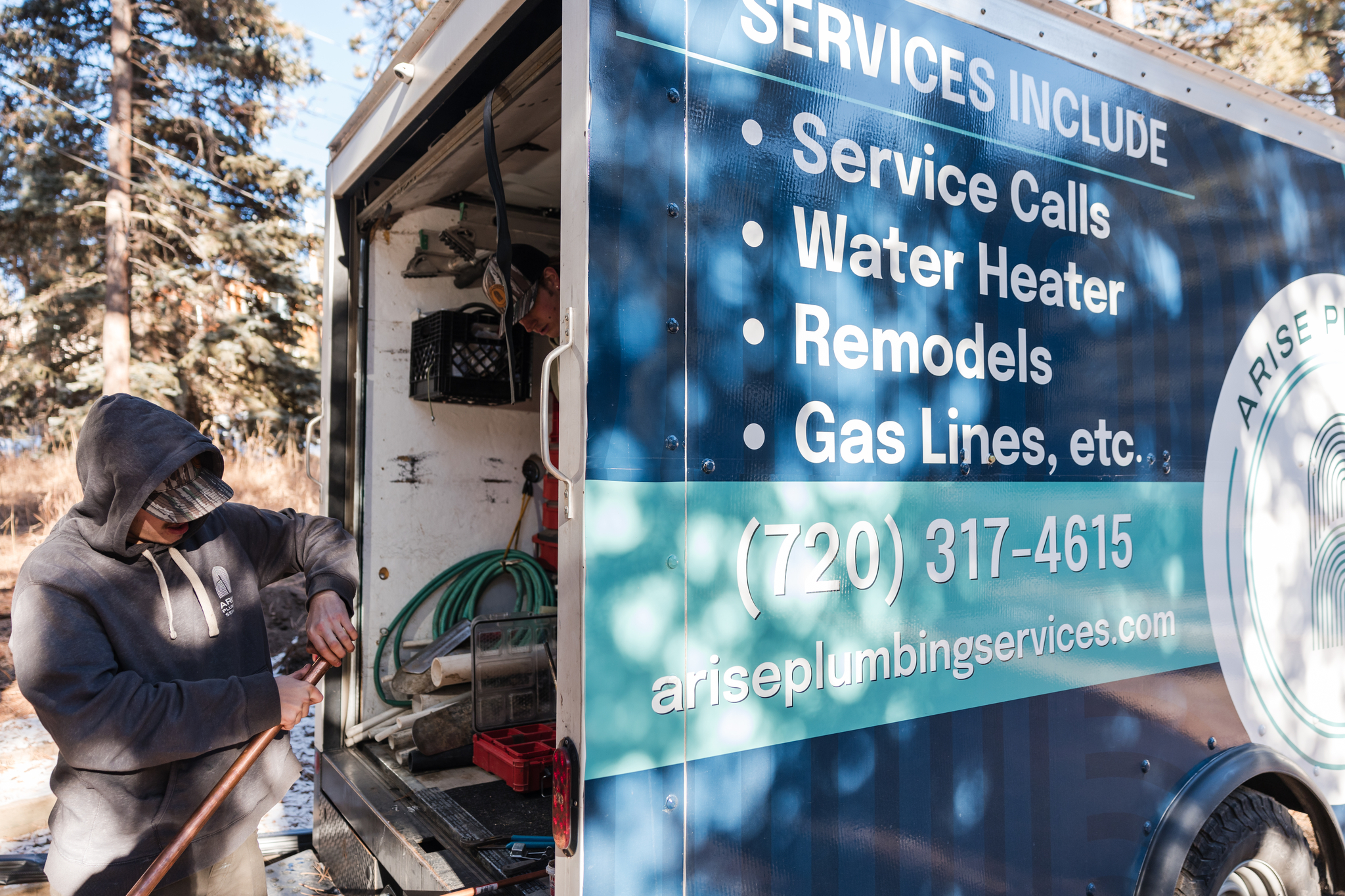 Arise Plumbing work van listing service calls, water heaters, remodels and gas lines